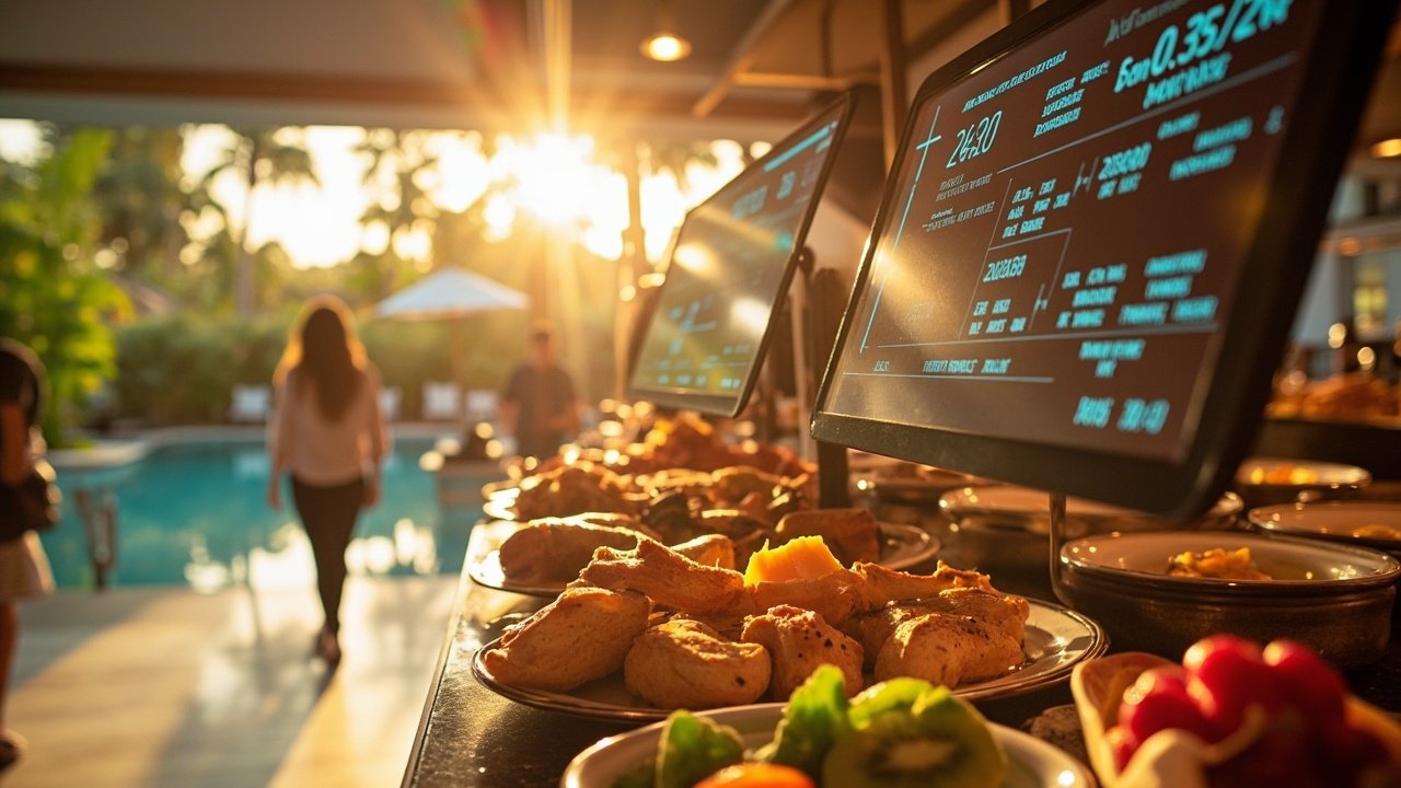 Smart hotel breakfast buffet with digital ordering kiosk and nutritional display enhancing guest engagement and operational efficiency.