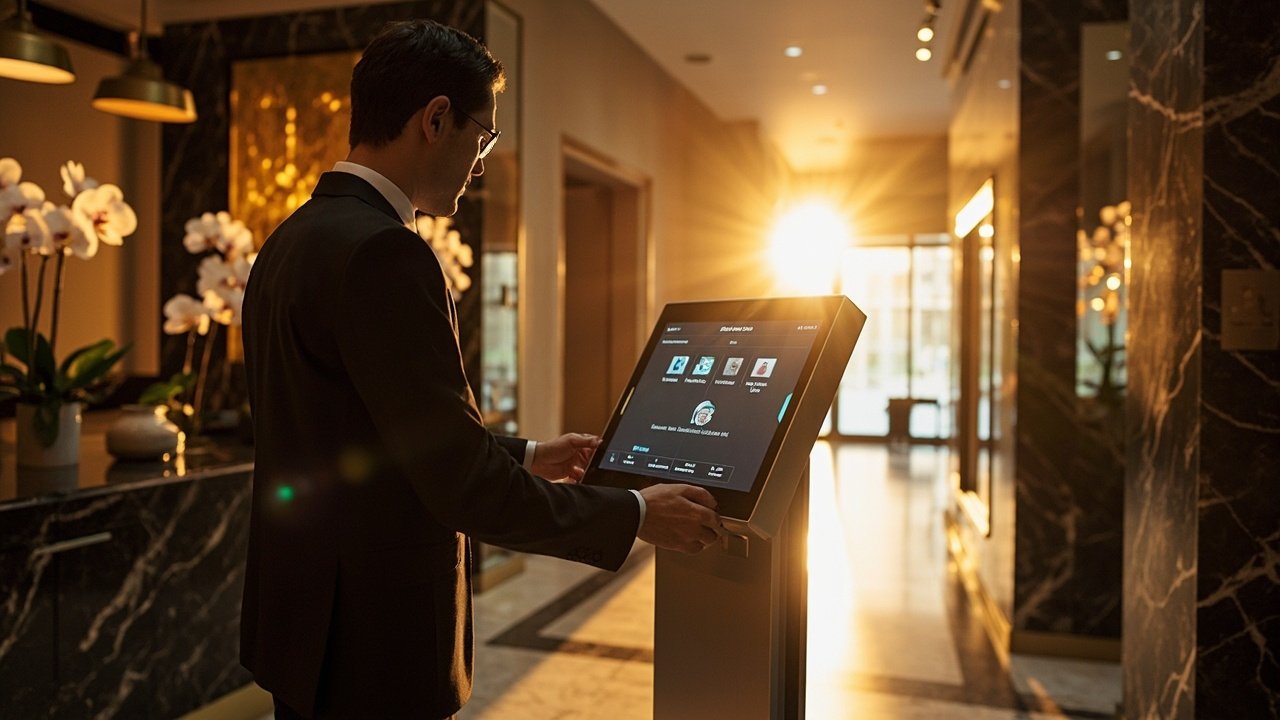 Business traveler using smartphone for mobile check-in at a smart hotel lobby with digital kiosk, representing connected service touchpoints and hospitality technology integration for corporate guests.