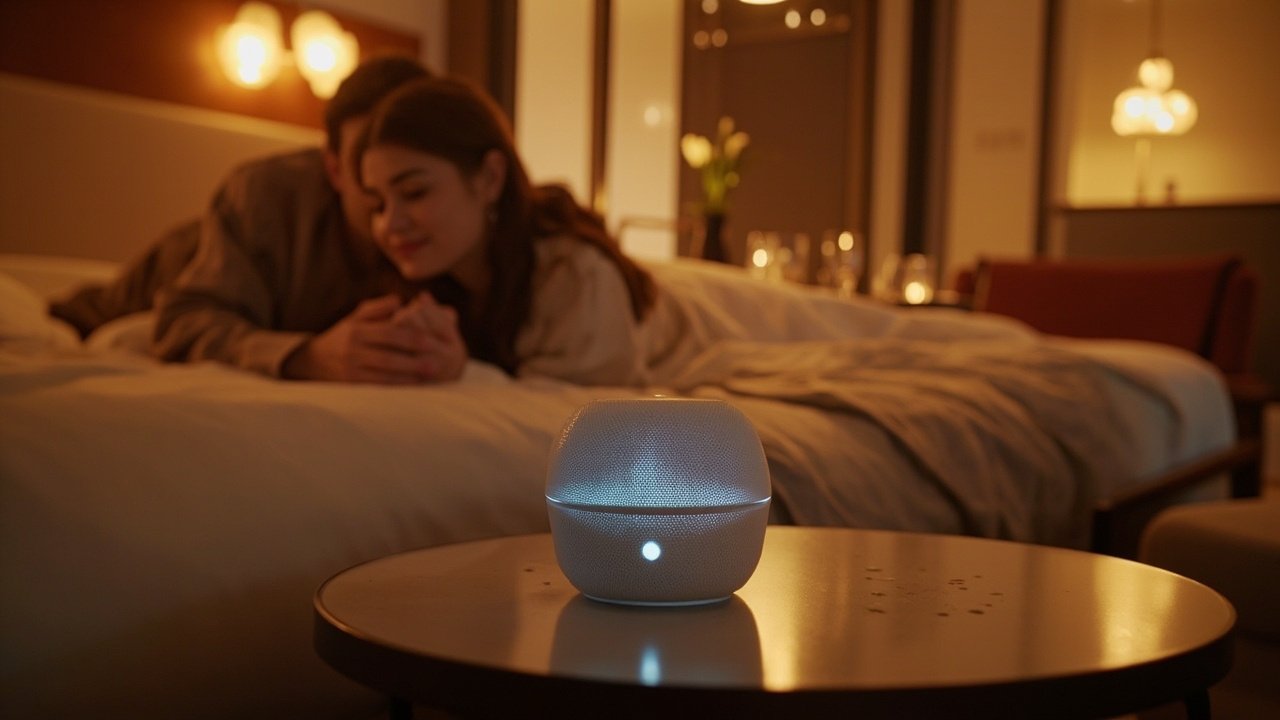 A couple relaxing on a smart hotel bed with a tablet controlling the room ambiance, illustrating personalized technology for romantic stays.