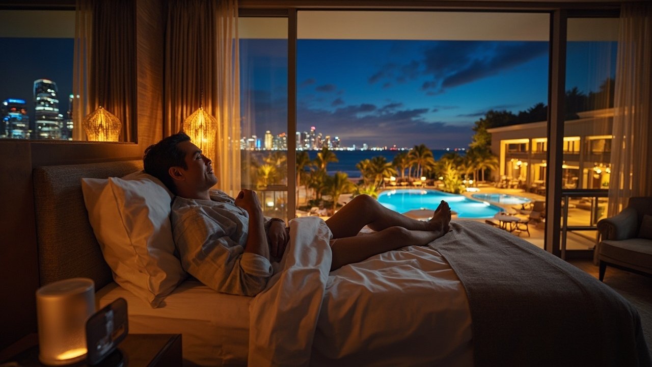 Guest lying in bed in smart hotel room with tablet control and personalized ambient lighting reflecting hospitality technology