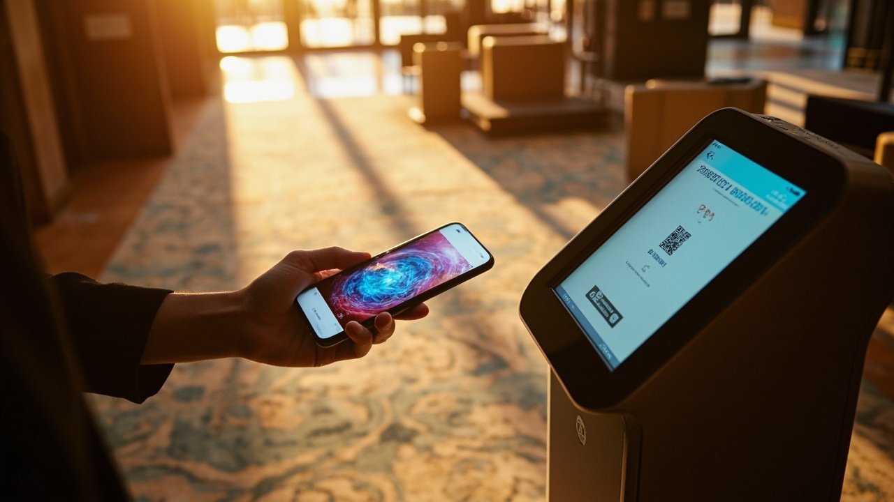 A guest receiving a smart hotel service at the front desk with a mobile check-in device, demonstrating hospitality technology integration