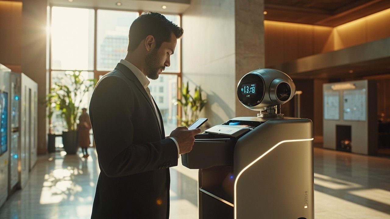 A guest receives a digital room key on their smartphone from a hotel staff member during a contactless check-in process at a modern smart hotel lobby