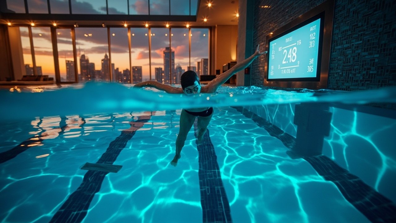 A hotel guest swimming a lap in a modern indoor pool with subtle ambient lighting, representing the integration of smart hospitality technology into wellness amenities.
