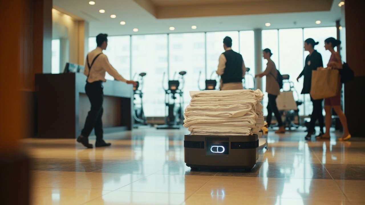 Hotel lobby with digital concierge kiosk and self-service check-in signage, assisting guests with connected arrival journey