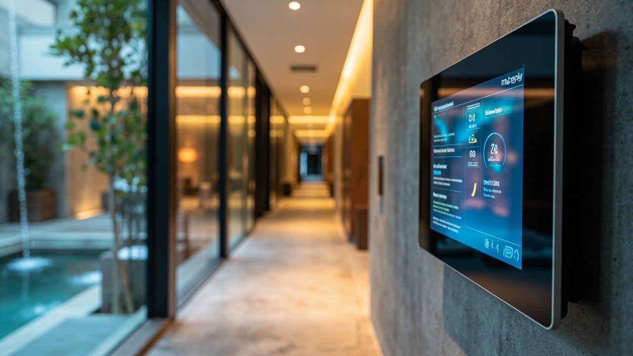 Business travelers and hotel staff in a smart hotel conference room with connected technology