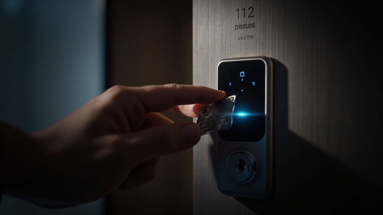 Hotel guest using smartphone to unlock room door, with staff member standing nearby, depicting a smart hospitality technology touchpoint in a modern hotel corridor.