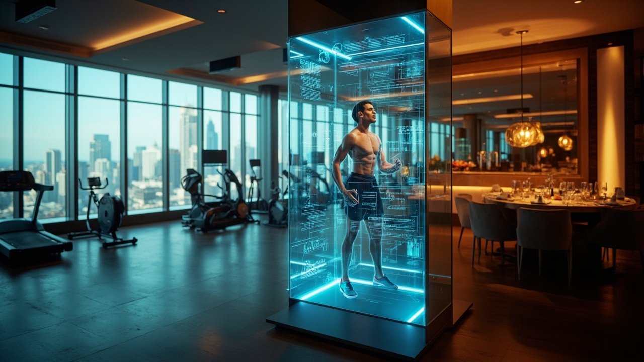 A modern hotel gym with smart digital services and interactive fitness equipment, demonstrating amenity digitization in hospitality operations.