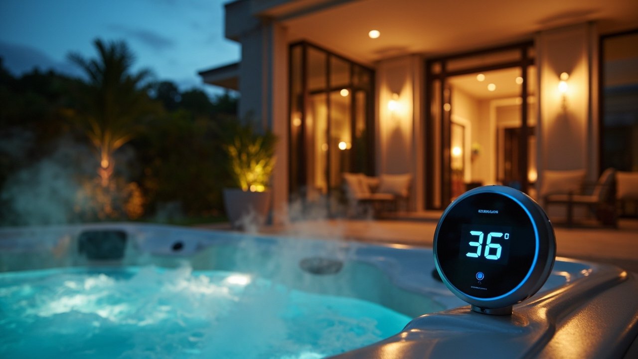 Guests enjoying a smart hotel hot tub area with staff nearby, connected via touch panel and ambient lighting, showcasing hospitality technology and guest experience.