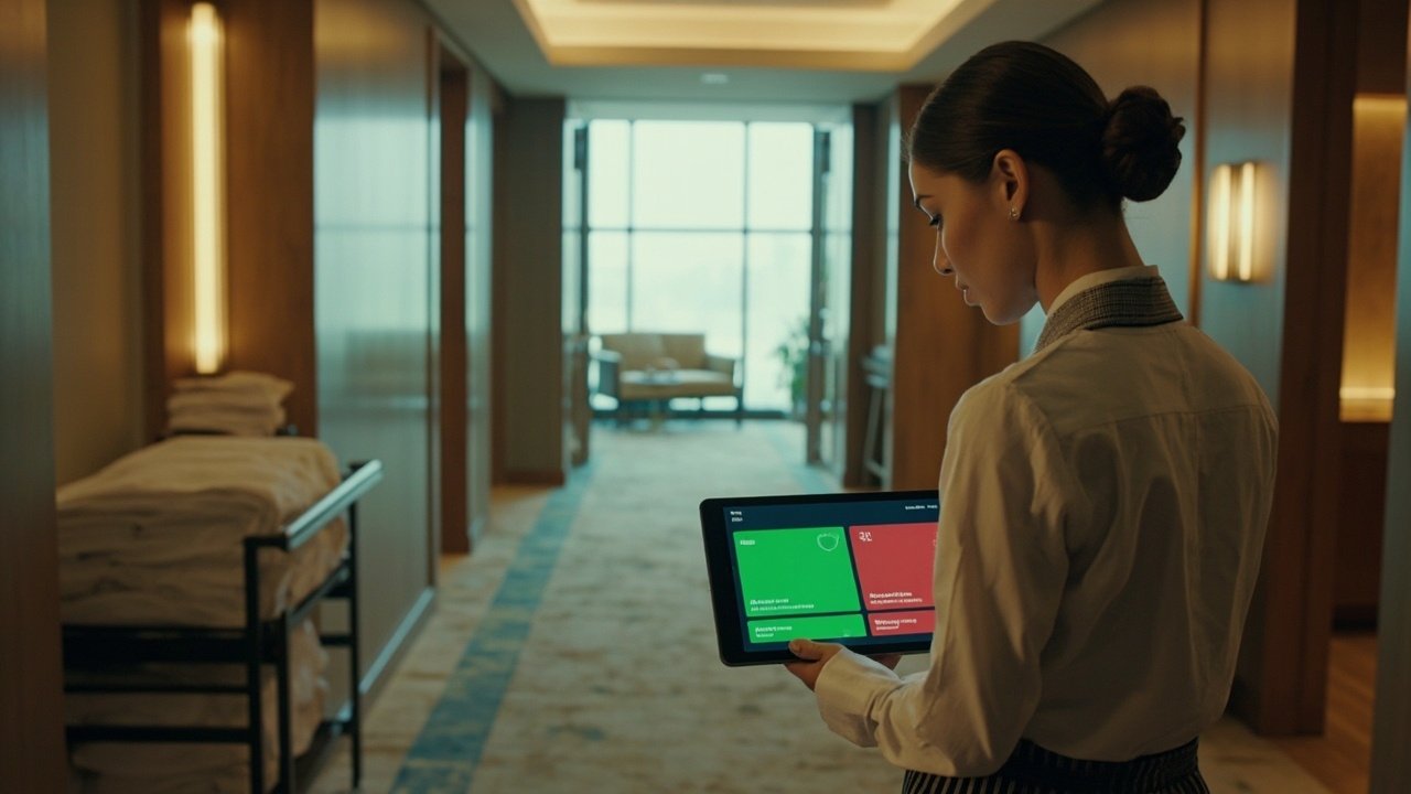 A hotel housekeeper using a smart tablet in a digitally connected hotel corridor, with IoT sensors and room status indicators visible, representing smart hotel solutions in action.