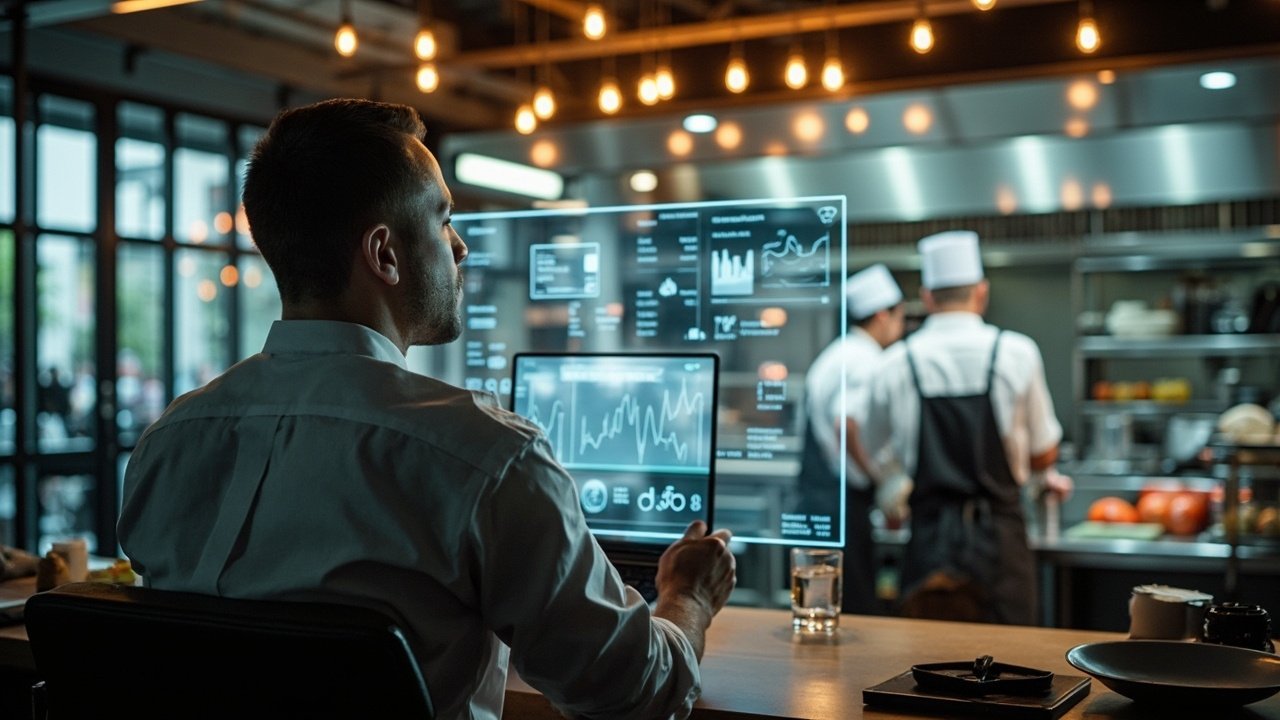 A modern hotel kitchen with digital ordering system and smart appliances, showcasing hospitality technology integration