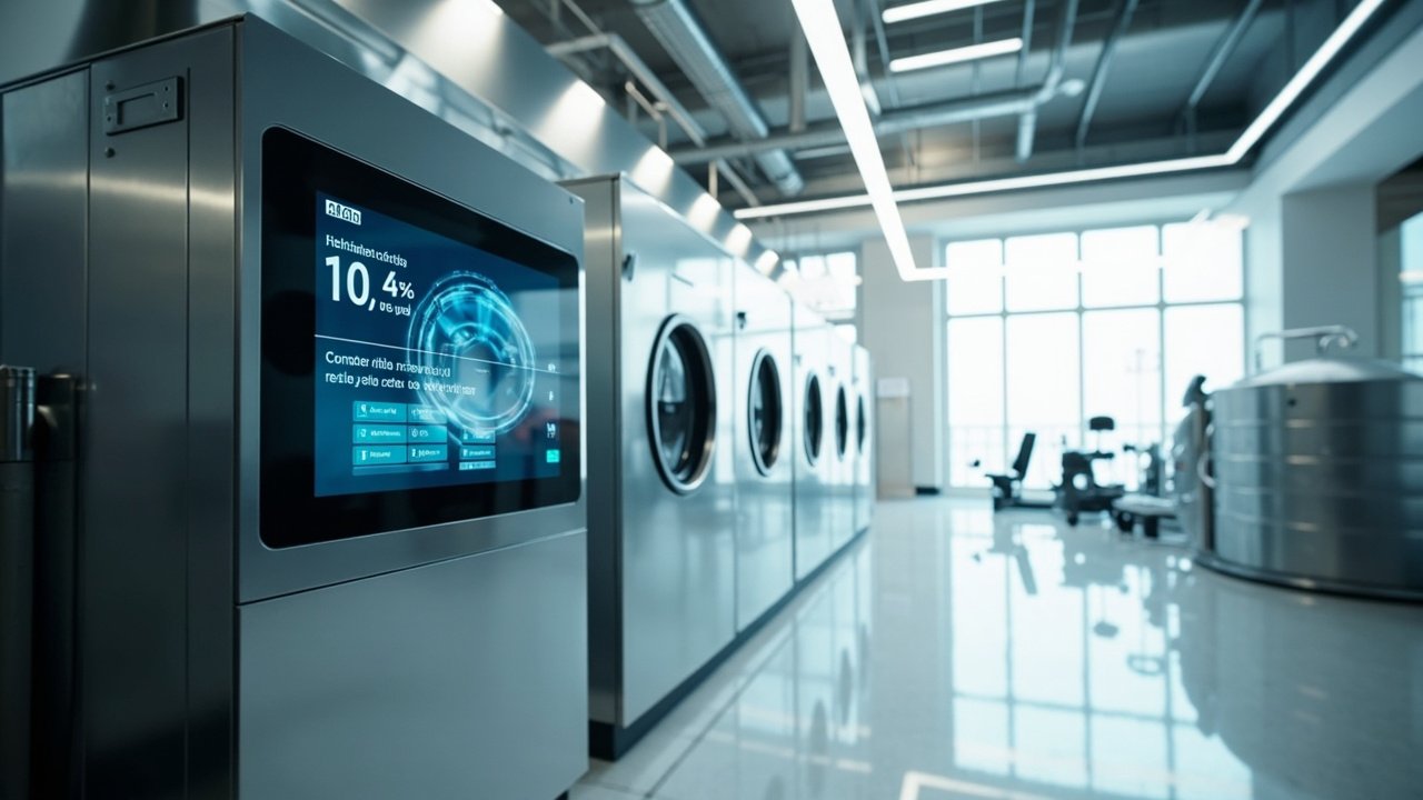 A smart hotel laundry moment: guest and staff interact at a digital kiosk with connected machines, demonstrating real-time tracking and service design across the guest journey.