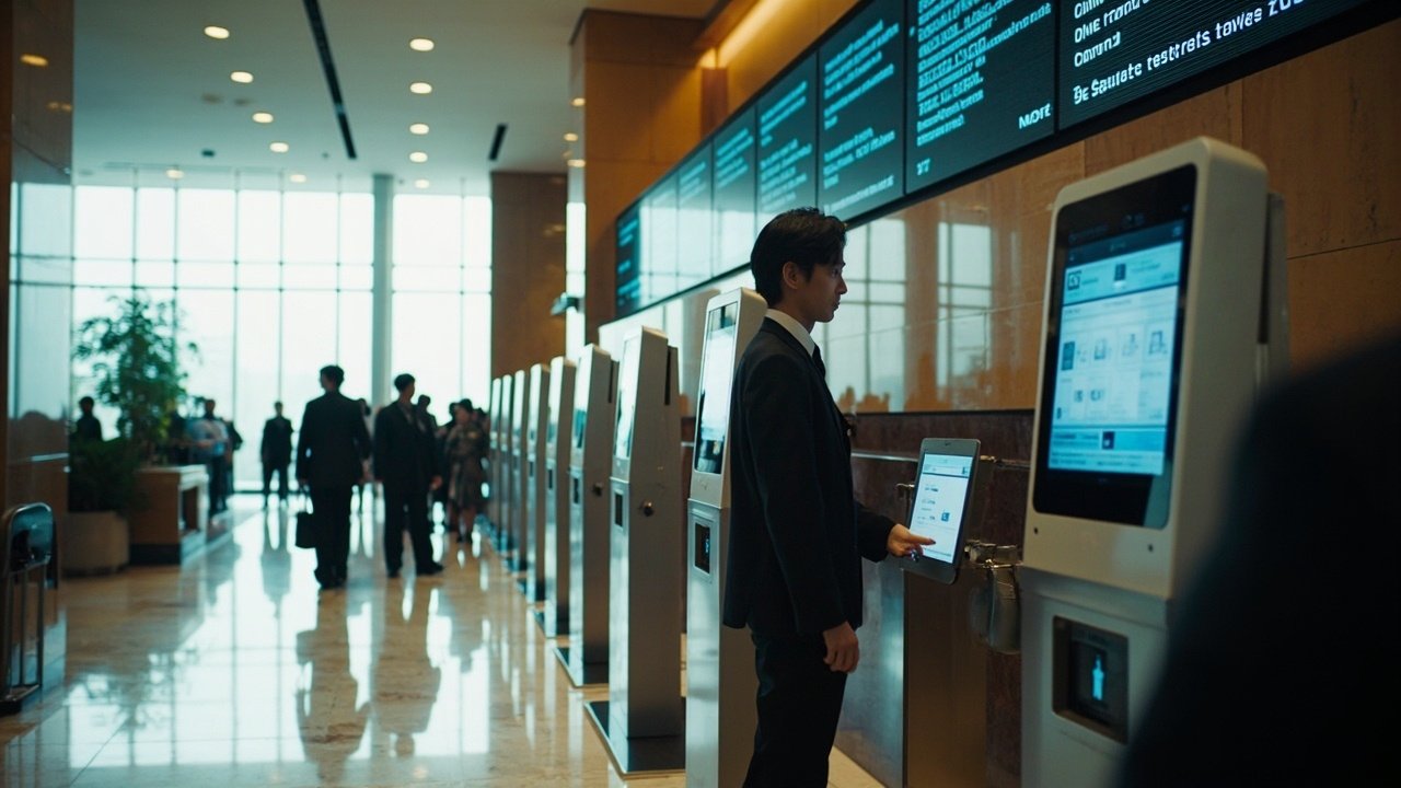Modern hotel lobby with self-service kiosks and digital signage guiding guests through a connected arrival journey