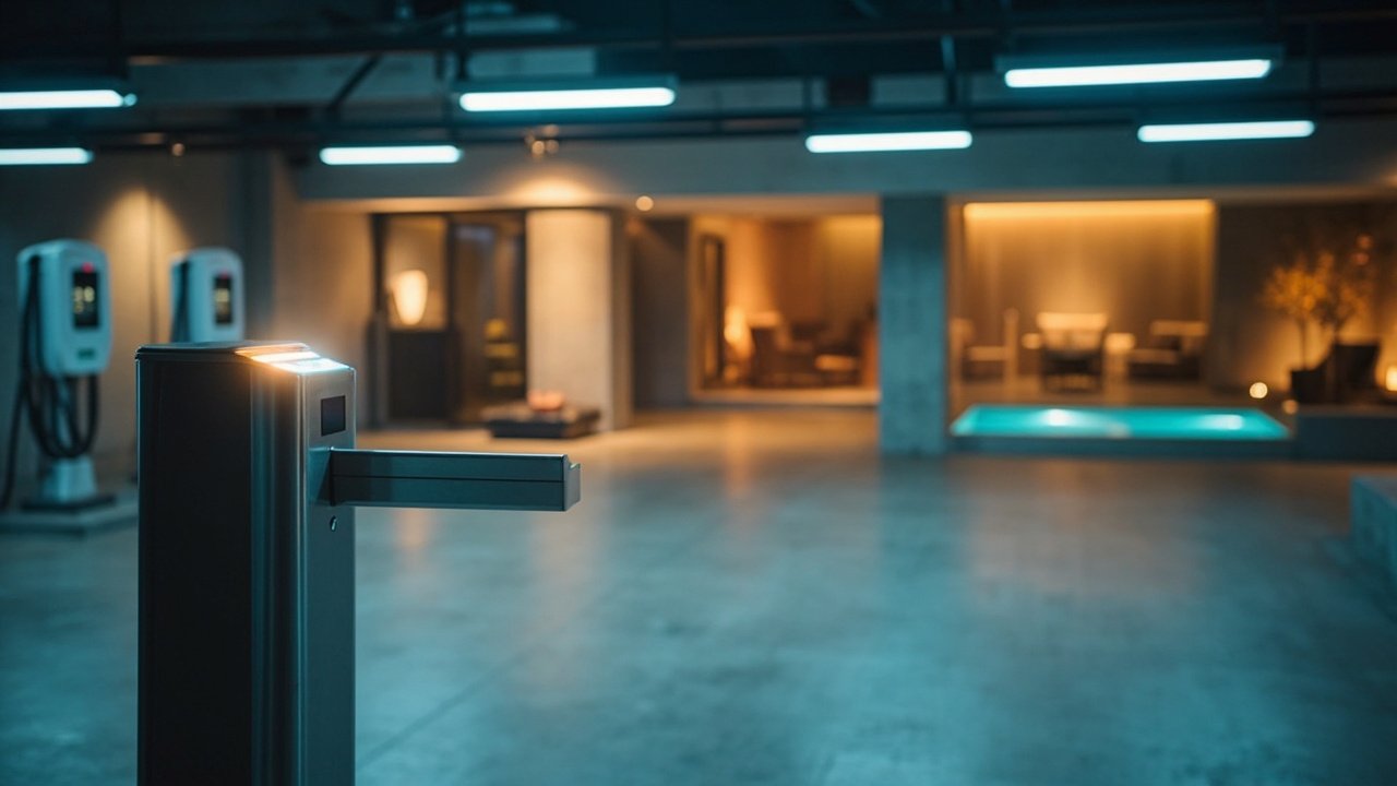 Underground hotel parking garage with overhead pipes, lighting, and concrete columns, illustrating the need for integrated security, network, and building infrastructure monitoring.