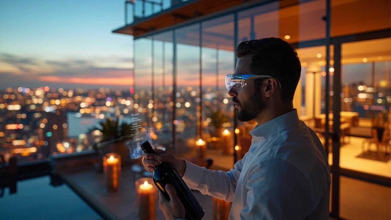A hotel rooftop bar with city skyline view, equipped with digital service touchpoints for ordering and reservation.