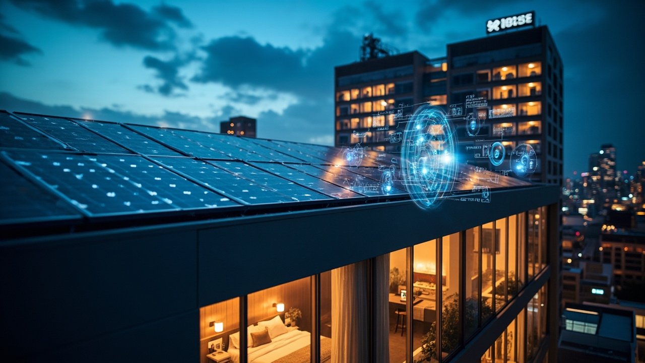 A modern hotel rooftop with a pool and lounge area, featuring digital ordering tablets and smart lighting, surrounded by city skyline view.