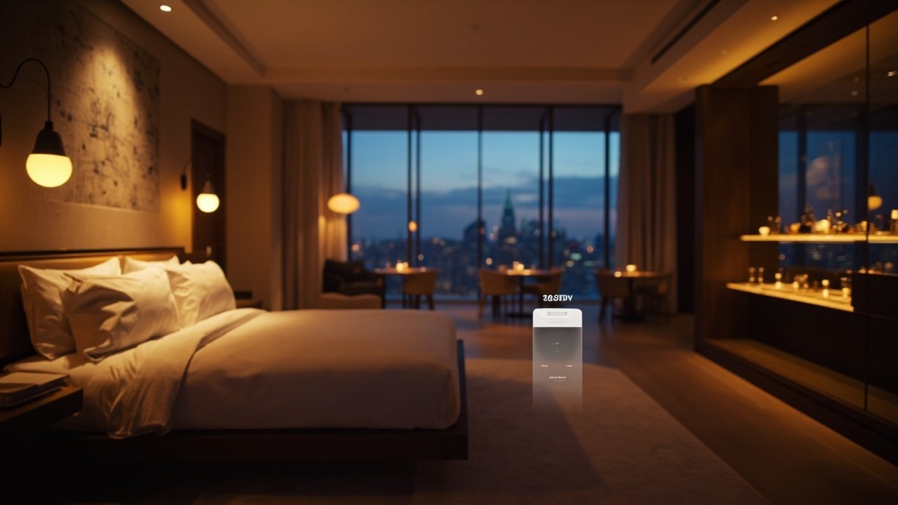 Smart hotel guest room with automated controls and voice assistant interface on a bedside table, displaying room settings and services