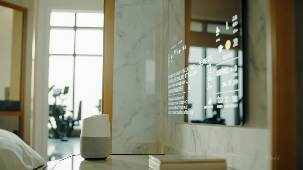 Modern smart hotel guest room with voice control and tablet for in-room automation, featuring bedside controls and connected lighting