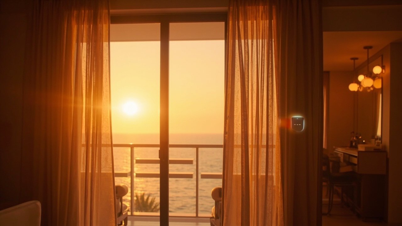 Modern smart hotel guest room with voice control tablet on bedside table, automated curtains, and ambient lighting controls, illustrating a connected in-room experience