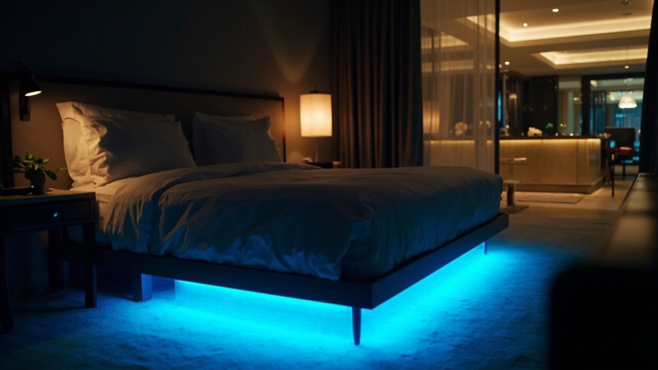 Modern smart hotel guest room with a tablet mounted on the wall used for in-room automation, climate control, and lighting adjustment.