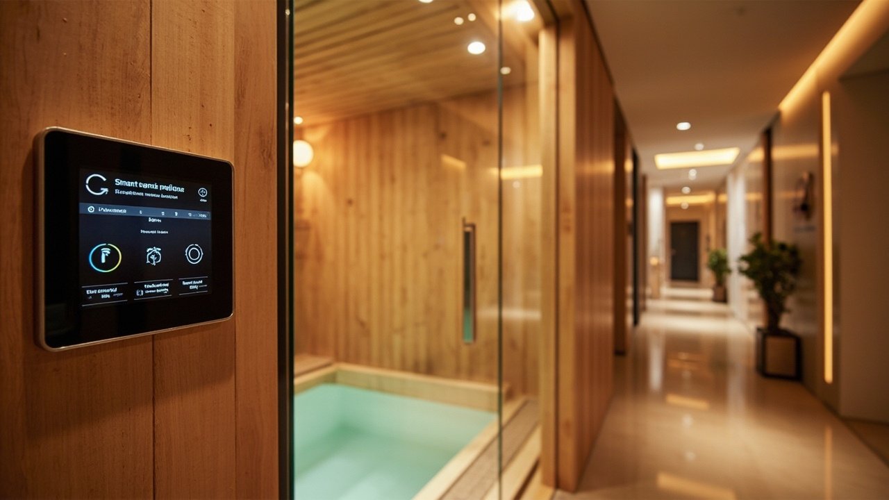 A modern hotel sauna with digital touchscreen controls and ambient lighting, representing smart wellness amenities