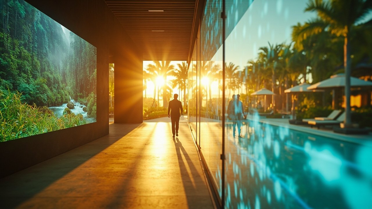 A modern hotel spa corridor with soft lighting, marble tiles, and wooden doors, representing the serene guest experience supported by hidden smart infrastructure and security systems.