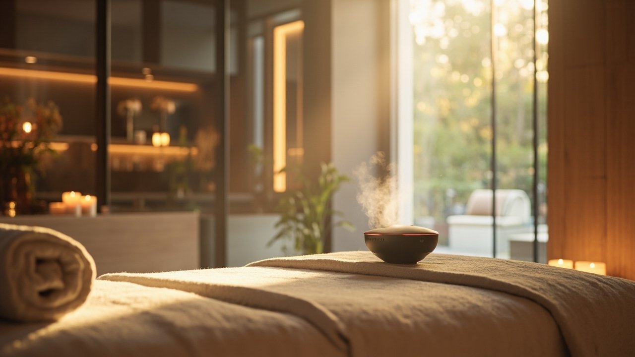 Modern hotel spa room with ambient lighting controlled via a tablet, featuring a smart thermostat and voice assistant on the nightstand, creating a serene connected guest experience.