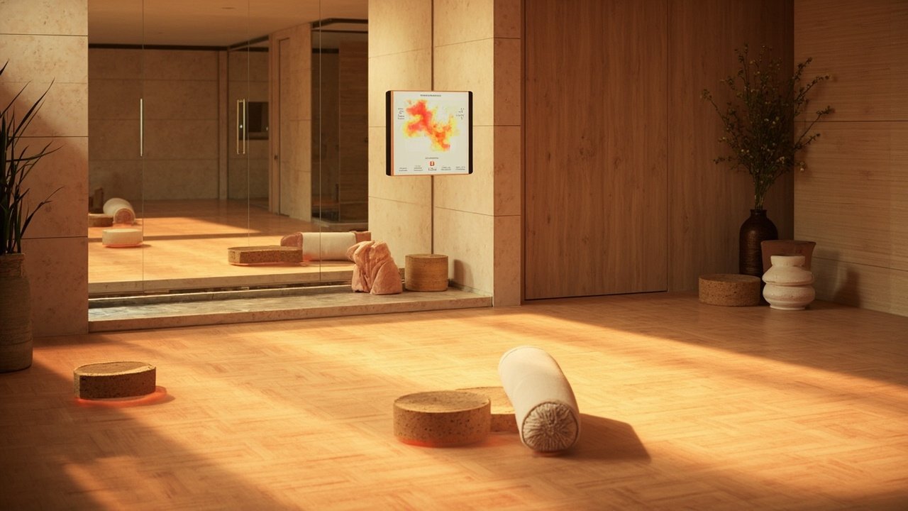 Sunlit hotel yoga studio with digital check-in kiosk and smart mirrors, guests using tablets for class booking