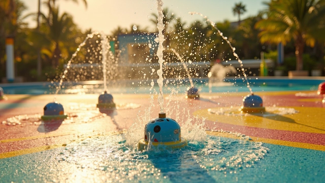 Augmented reality splash pad for kids at a smart family friendly hotel with digital water elements and interactive projections
