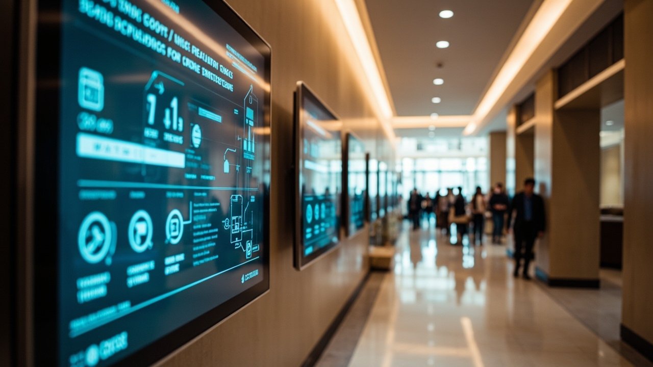 Guests and staff interacting with a smart check-in kiosk and tablets in the modern lobby of a large hotel, showcasing connected service touchpoints in hospitality technology.