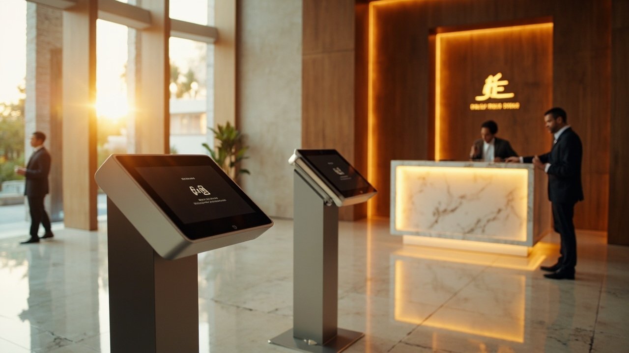 Modern hotel lobby with self-service kiosks, digital signage, and connected concierge services for a seamless guest arrival journey