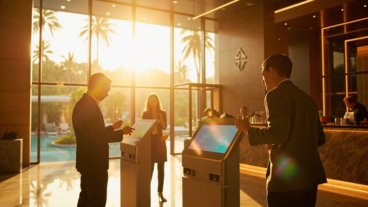 Modern hotel lobby with digital signage and self-service kiosks guiding guests through an automated arrival experience