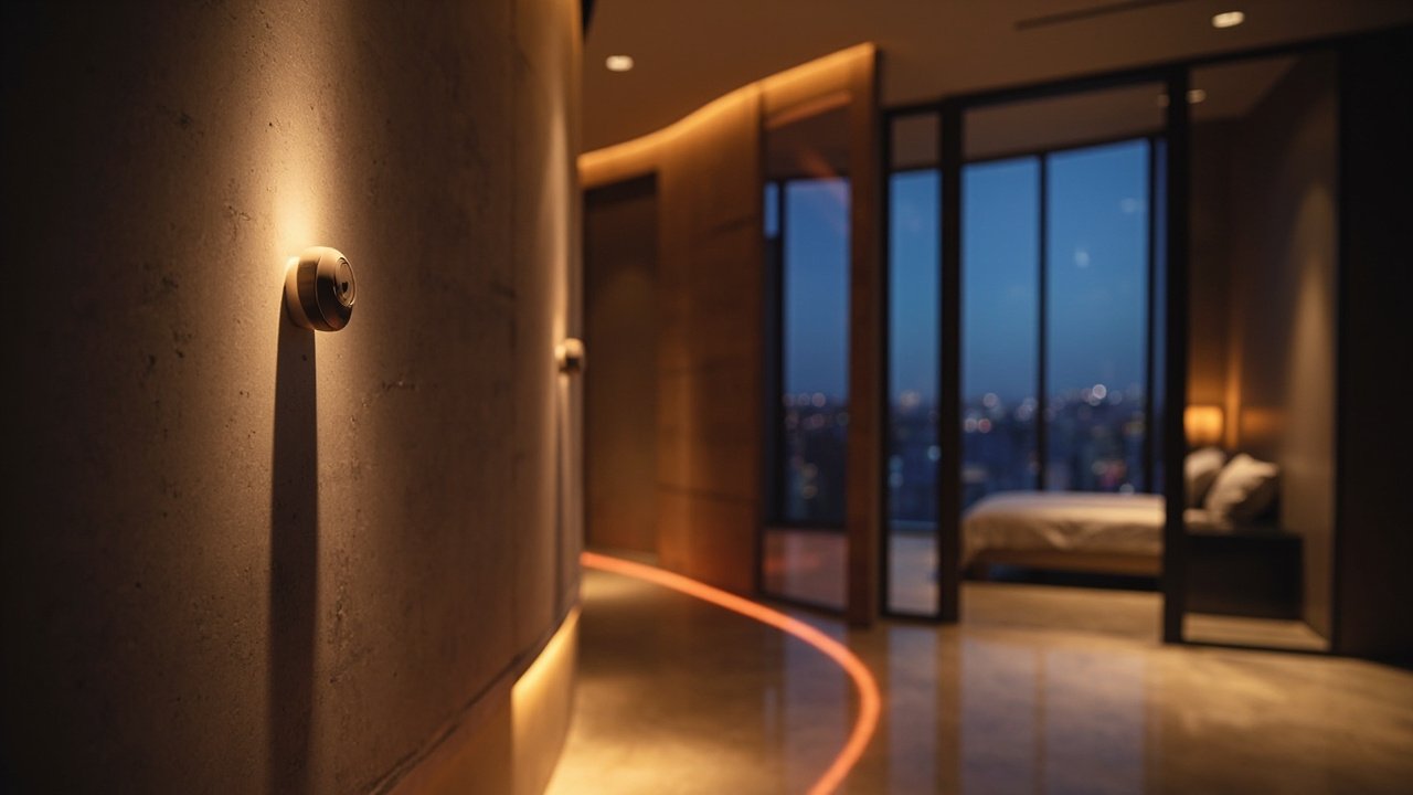 A modern smart hotel guest room with automated controls on a bedside tablet, featuring a sleek design and voice control prompts on screen.