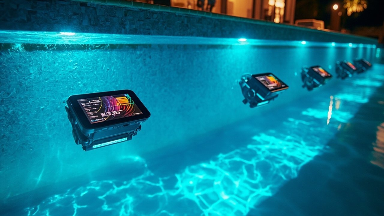 Resort pool with guests using tablets for digital ordering and smart lounge chairs in a smart hotel setting