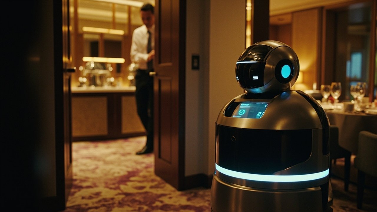 Service robot delivering items to guests in a hotel corridor, interacting with staff, showcasing autonomous hospitality workflow in a smart hotel setting.