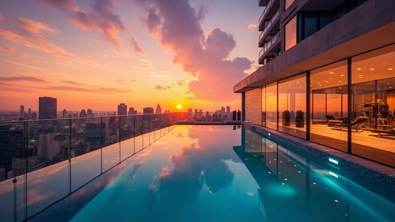 Luxury hotel rooftop infinity pool with digital service touchpoints and smart technology integration